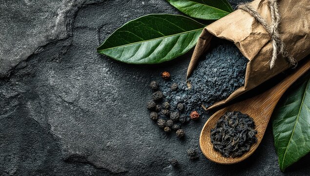 Dark spices spilling from bag on slate with wood spoon - Powered by Adobe