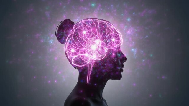 Abstract video of a human head silhouette made of glowing neural lines, digital brain expanding like flowers, white background, concept of AI consciousness and creativity, futuristic style.