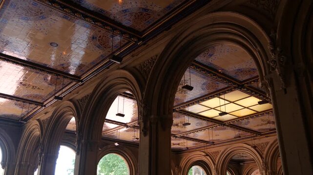 New York City Central Park Bethesda Terrace celling in United States. Arches architecture in NYC Manhattan Midtown, USA. American historic monument near fountain