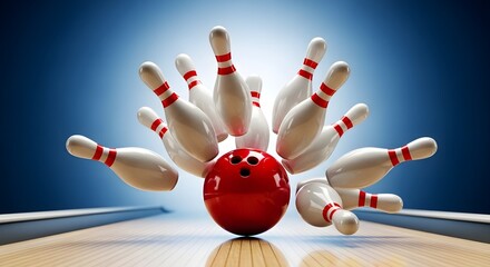 Red Bowling Ball Hitting Pins Strike Concept