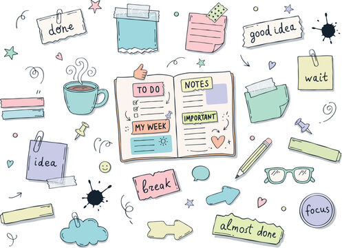 Colorful hand-drawn vector doodles for bullet journals and planners. Includes stickers, lists, and decorative elements for organizing, planning, and boosting productivity in a playful style