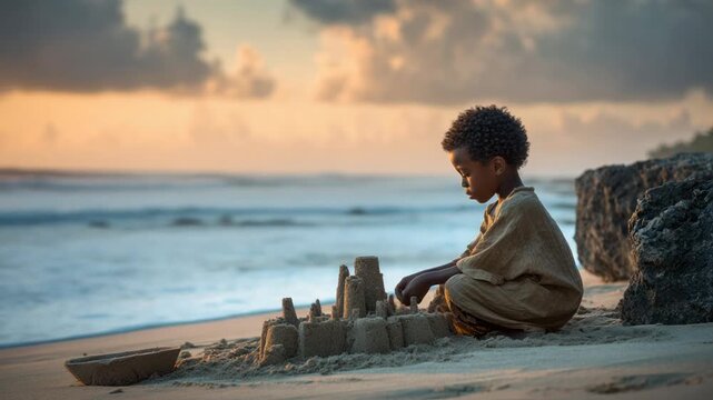 A young child on a beach builds a sandcastle at sunset with the ocean in the background