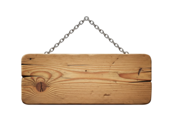 Rustic wooden sign hanging by chains, ideal for showcasing messages or information on a white background, evoking a natural and charming aesthetic