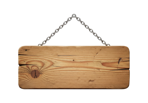 Rustic wooden sign hanging by chains, ideal for showcasing messages or information on a white background, evoking a natural and charming aesthetic