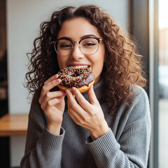 young woman eating donut chocolate