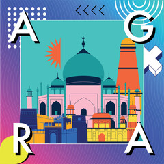 Typography word Agra branding technology concept. Collection of flat vector web icons. Indian culture travel set, architectures, Memphis specialties detailed silhouette. Doodle Asian famous landmarks
