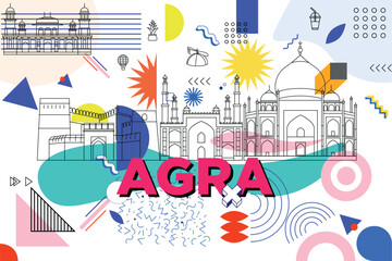 Typography word Agra branding technology concept. Collection of flat vector web icons. Indian culture travel set, architectures, Memphis specialties detailed silhouette. Doodle Asian famous landmarks