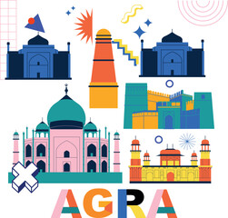 Typography word Agra branding technology concept. Collection of flat vector web icons. Indian culture travel set, architectures, Memphis specialties detailed silhouette. Doodle Asian famous landmarks