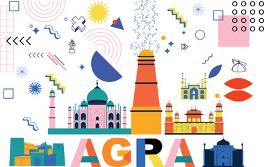 Typography word Agra branding technology concept. Collection of flat vector web icons. Indian culture travel set, architectures, Memphis specialties detailed silhouette. Doodle Asian famous landmarks