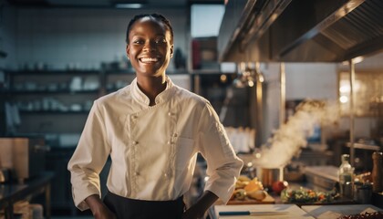Fototapeta premium Portrait of happy professional African-American chef standing at fancy restaurant kitchen looking at camera smiling. 