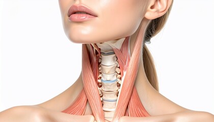 Anatomy of a human neck with scientific illustration isolated on white background.