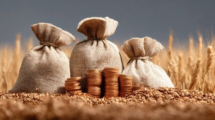 Money bags and coins in wheat field symbolizing agricultural production profit and growth.