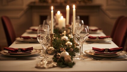 Fototapeta premium Elegant christmas dinner table setting with candles wine glasses and festive decorations arranged neatly