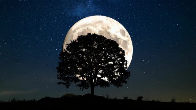 Dramatic scene of a full moon behind a silhouette tree against a star filled night sky, creating a surreal and dreamy atmosphere.