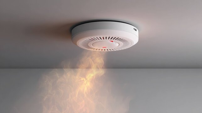 Minimalistic illustration of a ceiling-mounted fire alarm detector activated by smoke and flame, symbolizing modern safety technology.