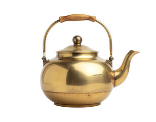 Antique Brass Kettle With Wooden Handle Isolated On Black Background With Soft Lighting Highlighting Its Shiny Surface And Vintage Appeal
