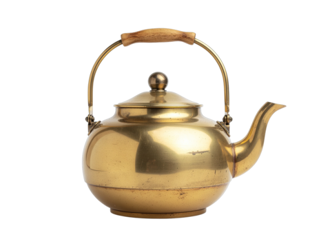 Antique Brass Kettle With Wooden Handle Isolated On Black Background With Soft Lighting Highlighting Its Shiny Surface And Vintage Appeal