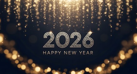 Elegant 2026 happy new year celebration with shimmering golden bokeh lights and dark background