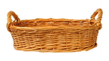 Handcrafted wicker basket with woven rattan texture and sturdy side handles, ideal for storage, home décor and organizing items, isolated on transparent background, PNG.