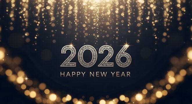 Elegant 2026 happy new year celebration with shimmering golden bokeh lights and dark background
