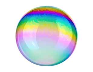 Iridescent soap bubble with vibrant rainbow colors, floating, on a black background