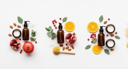 Natural skincare products arranged with fruits and ingredients in a bright setting highlighting wellness and freshness