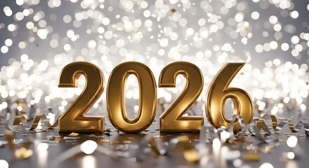 Golden 2026 numbers illuminated by sparkling festive lights and confetti celebration