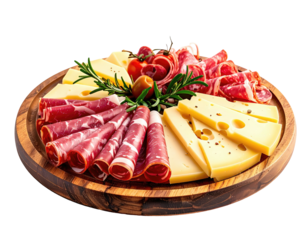 A wooden board displays an assortment of cured meats, cheeses, and garnishes
