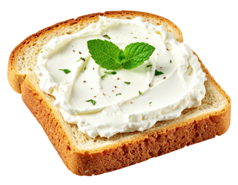 Toast slice laden with creamy spread, sprinkled herbs, mint garnish