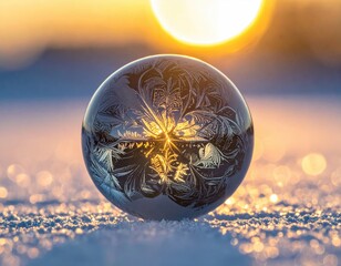 Frozen crystal ball reflects winter sun on snow