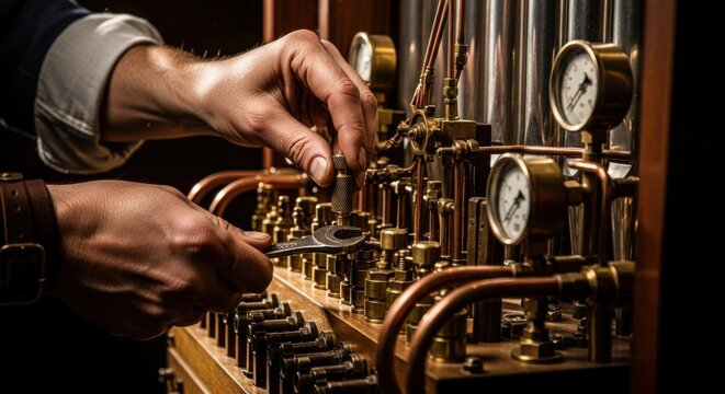 Skilled technician adjusts pressure gauges on an intricate machine in a workshop setting during the day - Powered by Adobe
