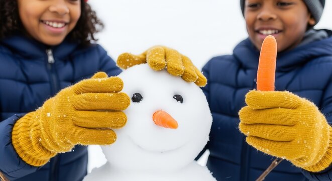 Close-up of two happy African American children building a snowman together. Kids playing in the snow during a fun winter family activity - Powered by Adobe