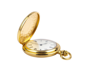 Antique Open Gold Pocket Watch with White Face and Roman Numerals Isolated on Black Background Soft Studio Lighting