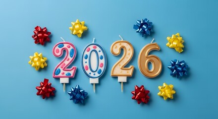 Happy new year 2026 celebration with colorful candles and festive bows on blue background