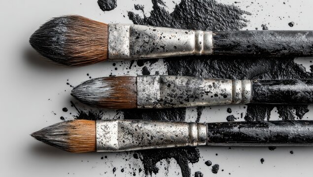 Three paintbrushes smeared with black paint on white