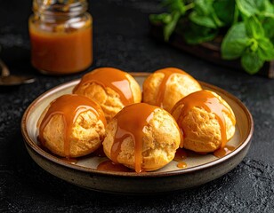 Caramel puffs on plate. Dark background with garnish