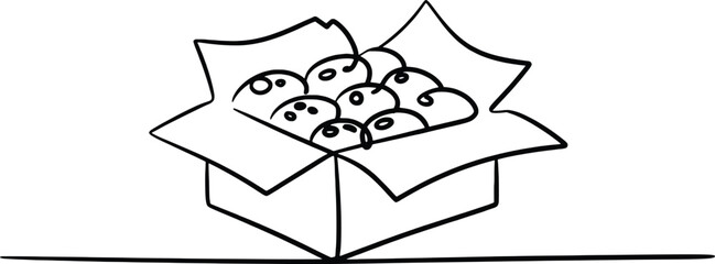 Simple hand drawn outline of fresh baked rolls inside an open cardboard box