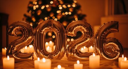 Golden 2026 balloons illuminated by warm candlelight in front of a blurred christmas tree