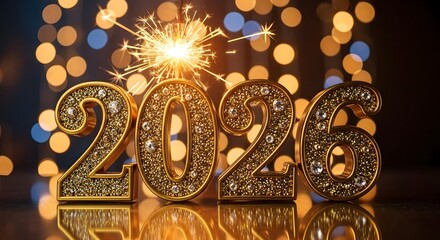 Sparkling golden 2026 numbers with festive bokeh lights background celebration