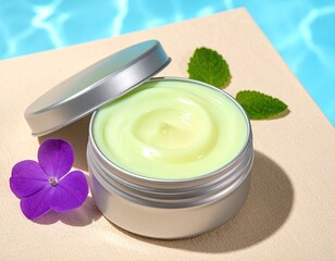 Green cream in a tin, purple flower & mint leaves, near water