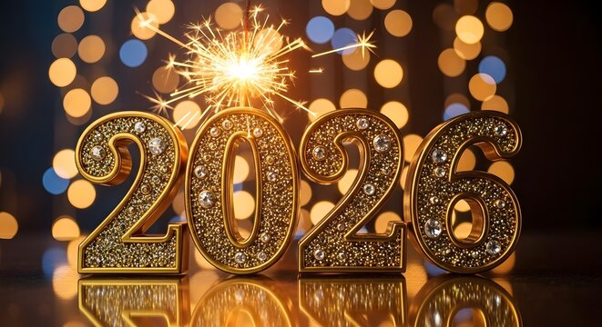 Sparkling golden 2026 numbers with festive bokeh lights background celebration