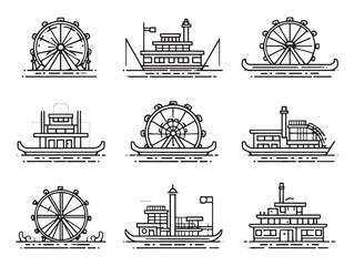 Paddle Wheel Boat line art classic illustration