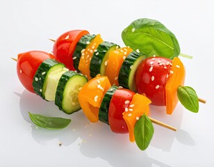 Skewered tomato, cucumber, pepper, basil on white surface