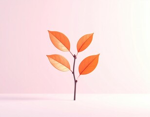 Plant stem, four orange leaves on a pink backdrop