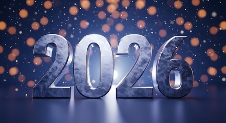 Shiny metallic 2026 numbers illuminated by soft bokeh lights and glittering confetti