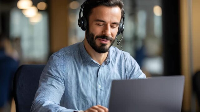 Male customer service representative efficiently assists clients while working in a modern office environment with a laptop and headset during business hours