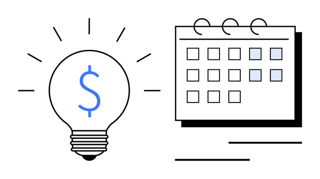Light bulb with dollar sign next to monthly calendar layout. Ideal for finance, budget, innovation, planning, schedule, organization, business growth. Simple flat metaphor