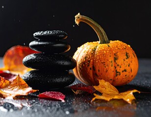 Autumn zen stones, pumpkin, leaves, and water droplets
