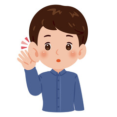 聞き耳を立てる男性　上半身イラスト／Man Listening with Hand to Ear, Upper Body Illustration