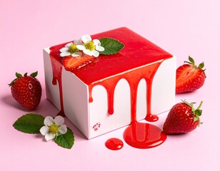 Strawberry cake with glaze, flowers on pink background